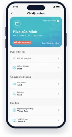 Màn Cài đặt robot trong app phụ huynh Pika: kết nối lại robot, âm lượng, độ sáng, ngôn ngữ giao tiếp