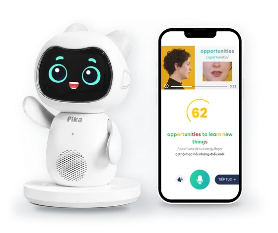 Robot Pika vẫy tay cạnh điện thoại mở màn chấm phát âm của app The Coach