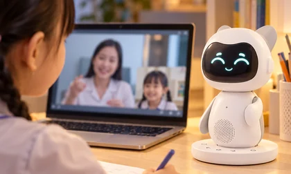 Bé gái học tiếng Anh online với giáo viên qua laptop, robot Pika bên cạnh