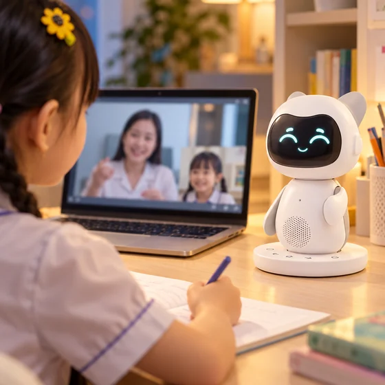 Bé gái học tiếng Anh online với giáo viên qua laptop, robot Pika bên cạnh
