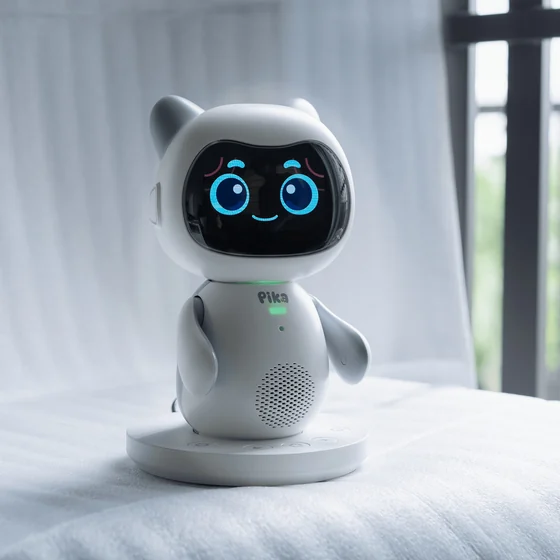 Robot Pika thật đặt trên bàn phủ vải trắng cạnh cửa sổ