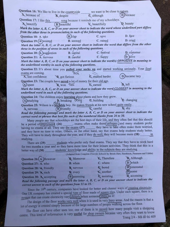 Đề bài và đáp án đề thi tiếng Anh THPT QG 2021 mã đề 409