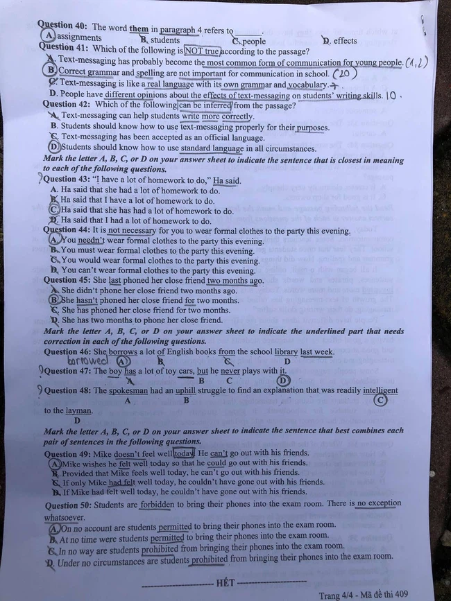 Đề bài và đáp án đề thi tiếng Anh THPT QG 2021 mã đề 409