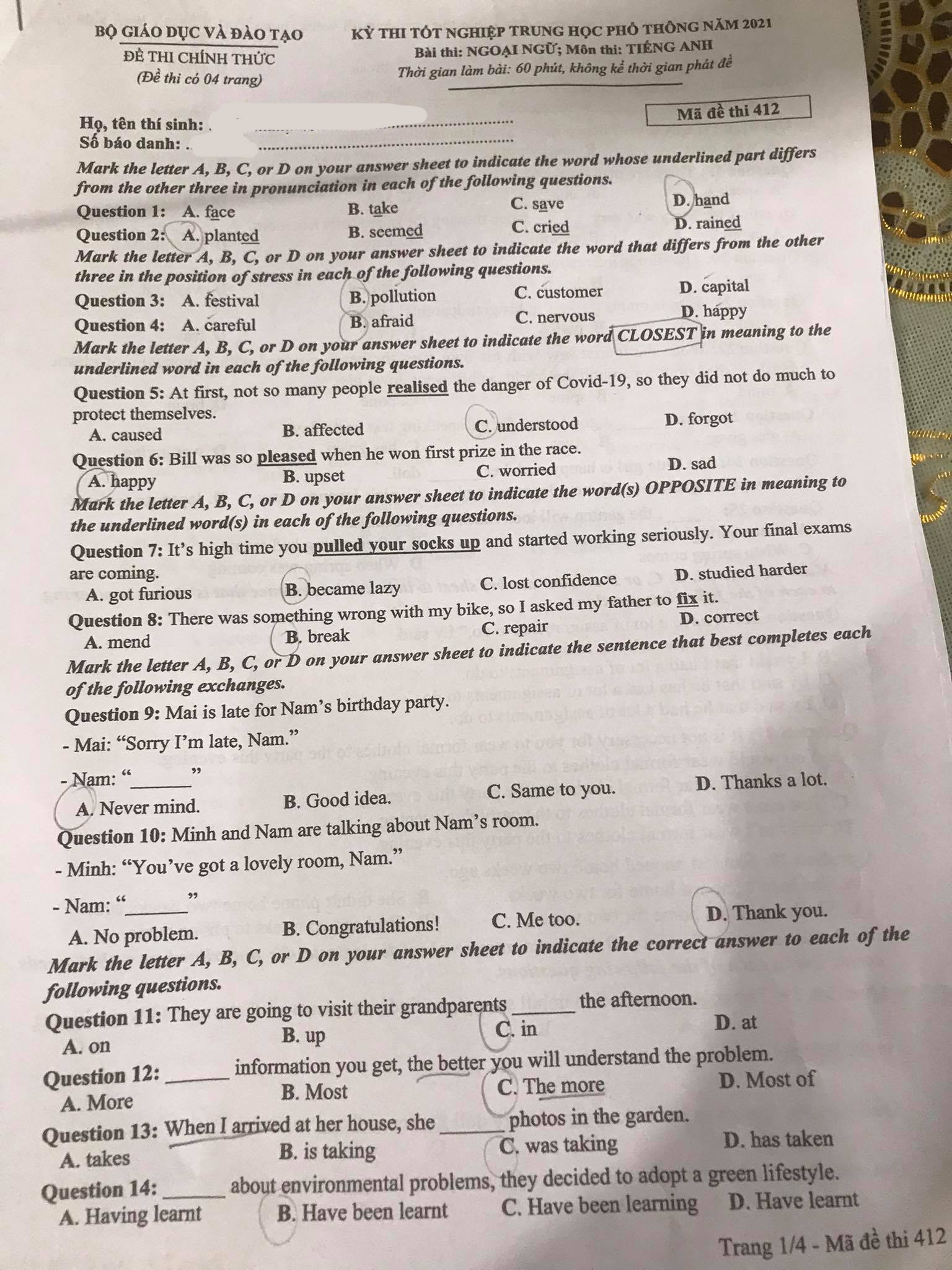 Đề bài và đáp án đề thi môn Anh tốt nghiệp THPT 2021 mã đề 412