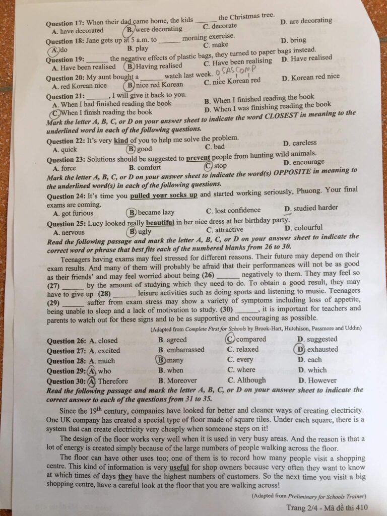 Đáp án đề thi môn Anh tốt nghiệp THPT 2021 mã đề 410
