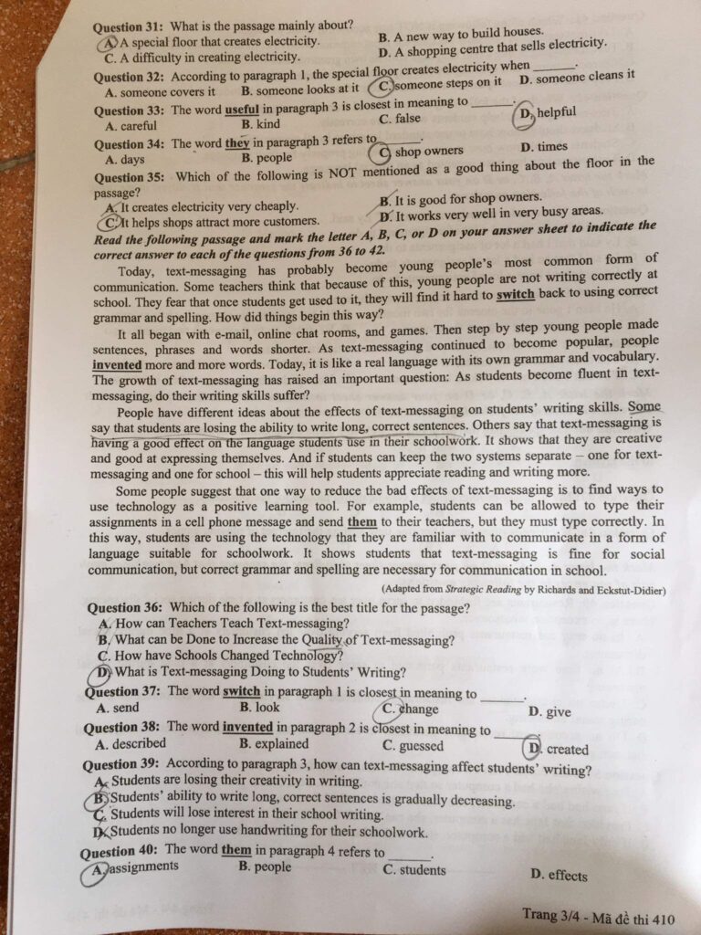 Đáp án đề thi môn Anh tốt nghiệp THPT 2021 mã đề 410