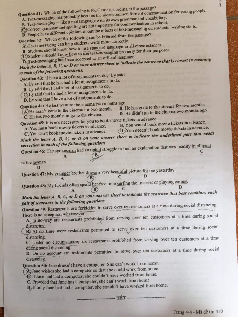 Đáp án đề thi môn Anh tốt nghiệp THPT 2021 mã đề 410