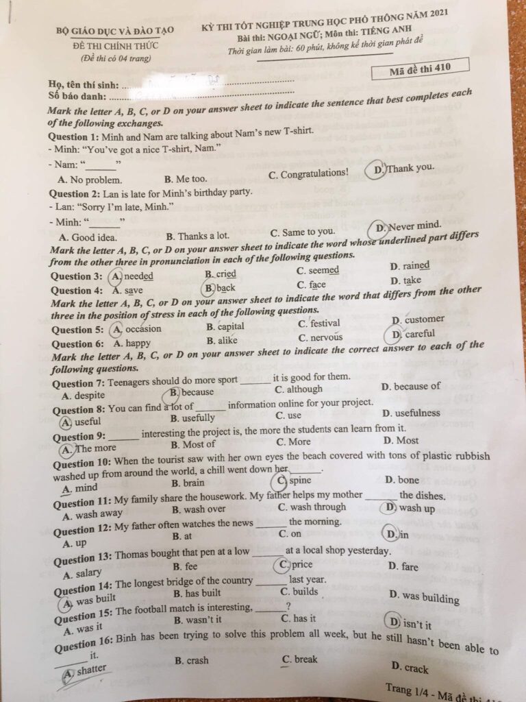 Đáp án đề thi môn Anh tốt nghiệp THPT 2021 mã đề 410